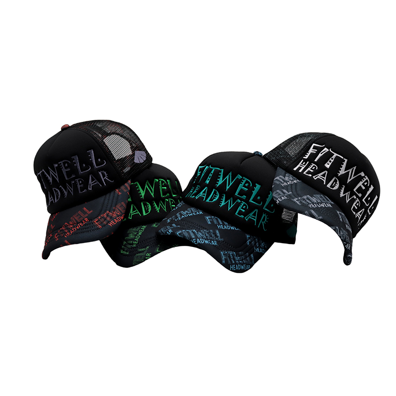 FITWELL All-Over Print & Embroidered Logo Trucker Hat – Bold Mesh Baseball Cap
