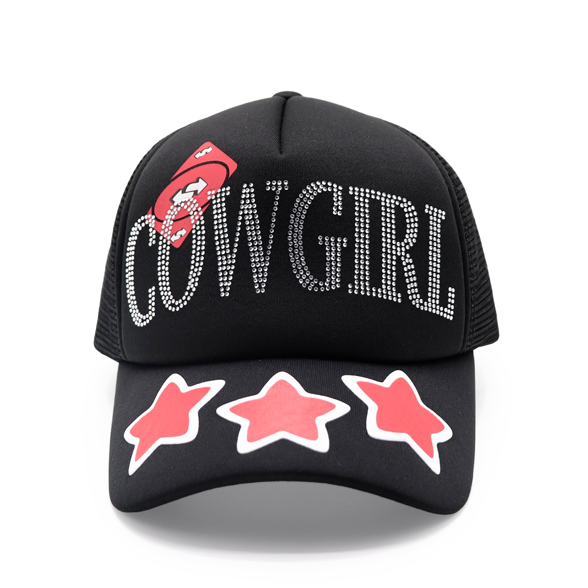 COWGIRL Rhinestone Baseball Cap Trucker Hat – Adjustable Black Mesh Cap with Red Stars for Women and Men