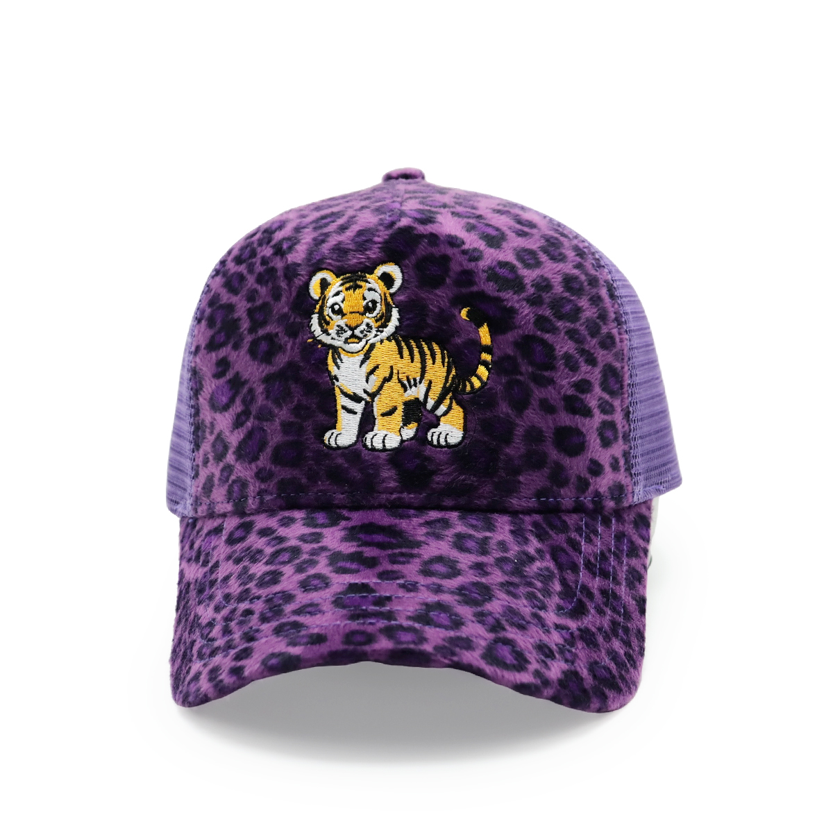 Velvet Animal Pattern Mesh Trucker Hat with Embroidered Tiger Logo
