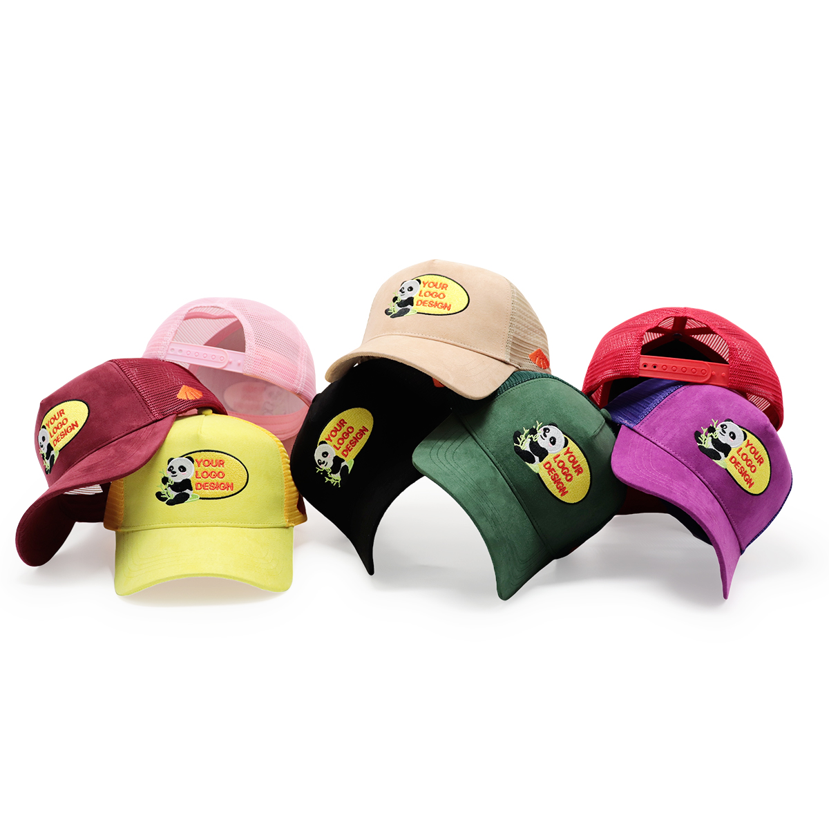 Custom Logo Trucker Caps – Multi-Color Mesh Back Snapback Hat with Panda Patch