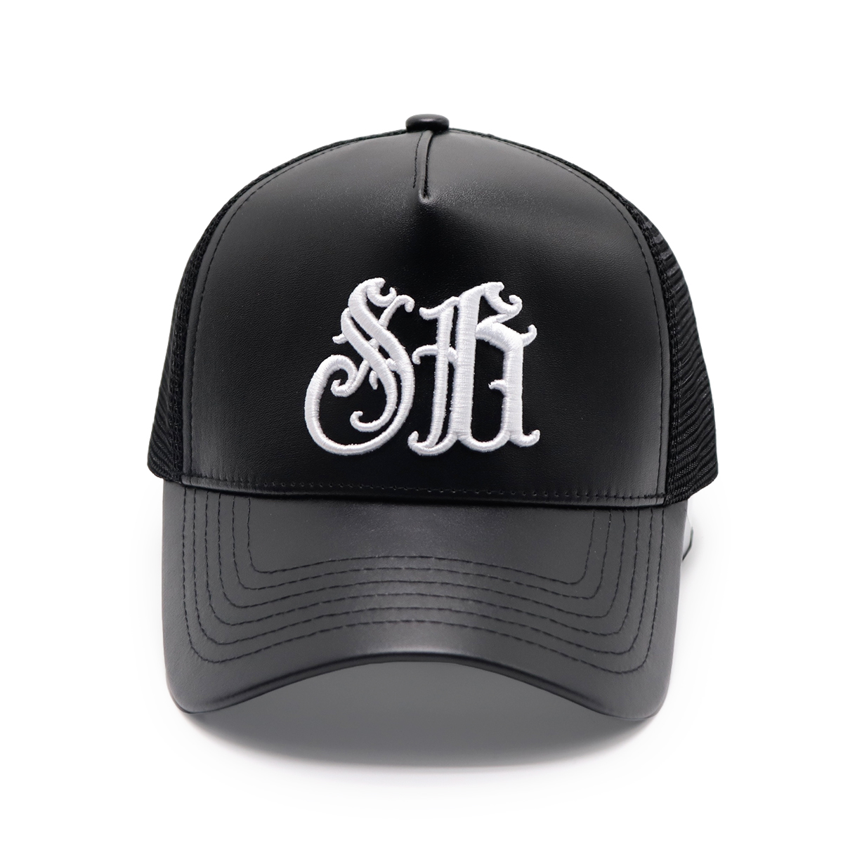 Black PU Leather Mesh Trucker Cap with Retro Embroidered Letters, Adjustable Snapback, Unisex