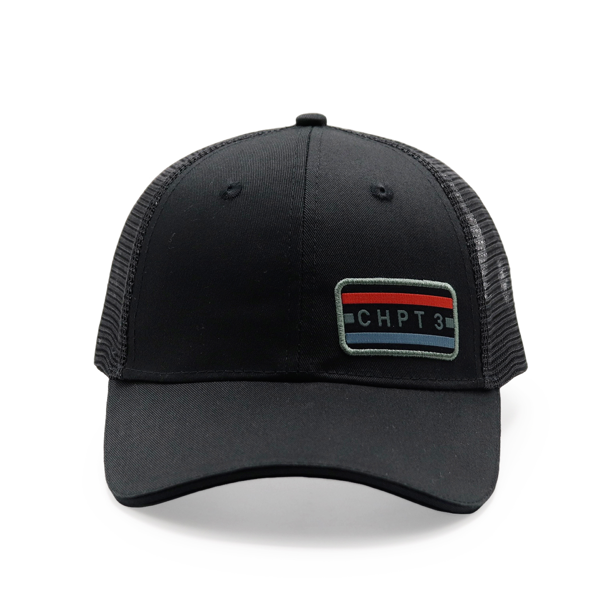 CHPT3 Black Trucker Cap, Mesh Back Snapback Hat, Embroidered Patch, Adjustable Unisex Baseball Hat