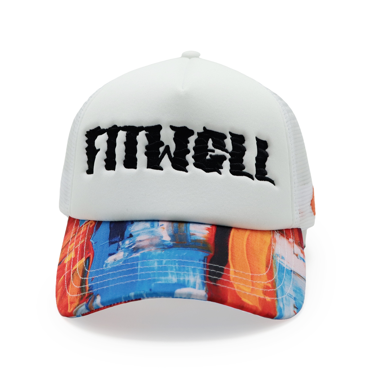 Fitwell Embroidered Logo Trucker Cap, Colorful Printed Brim Foam Mesh Hat, Trendy Snapback