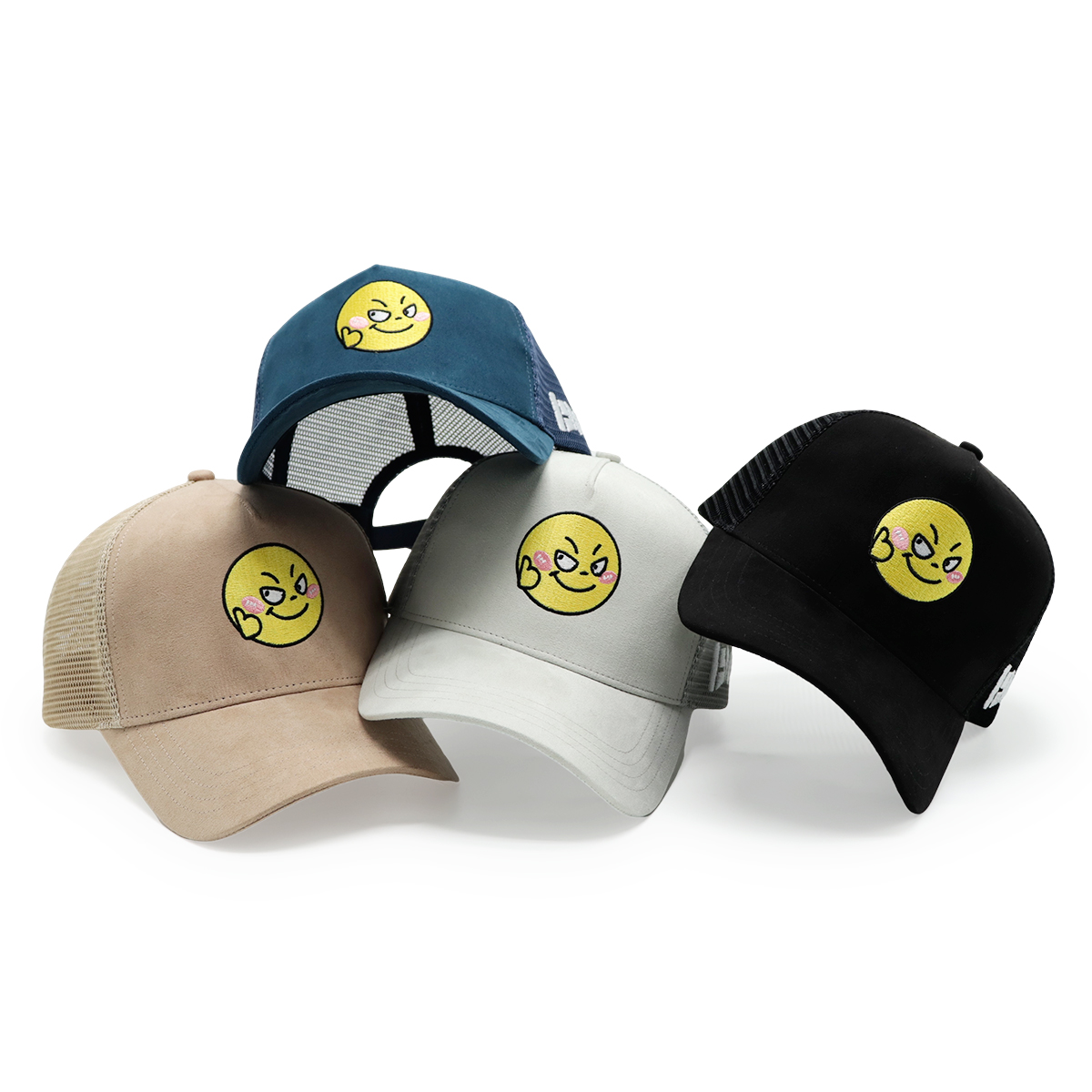 Custom Suede Embroidered Trucker Hats – Mesh Snapback Cap with Smiley Face