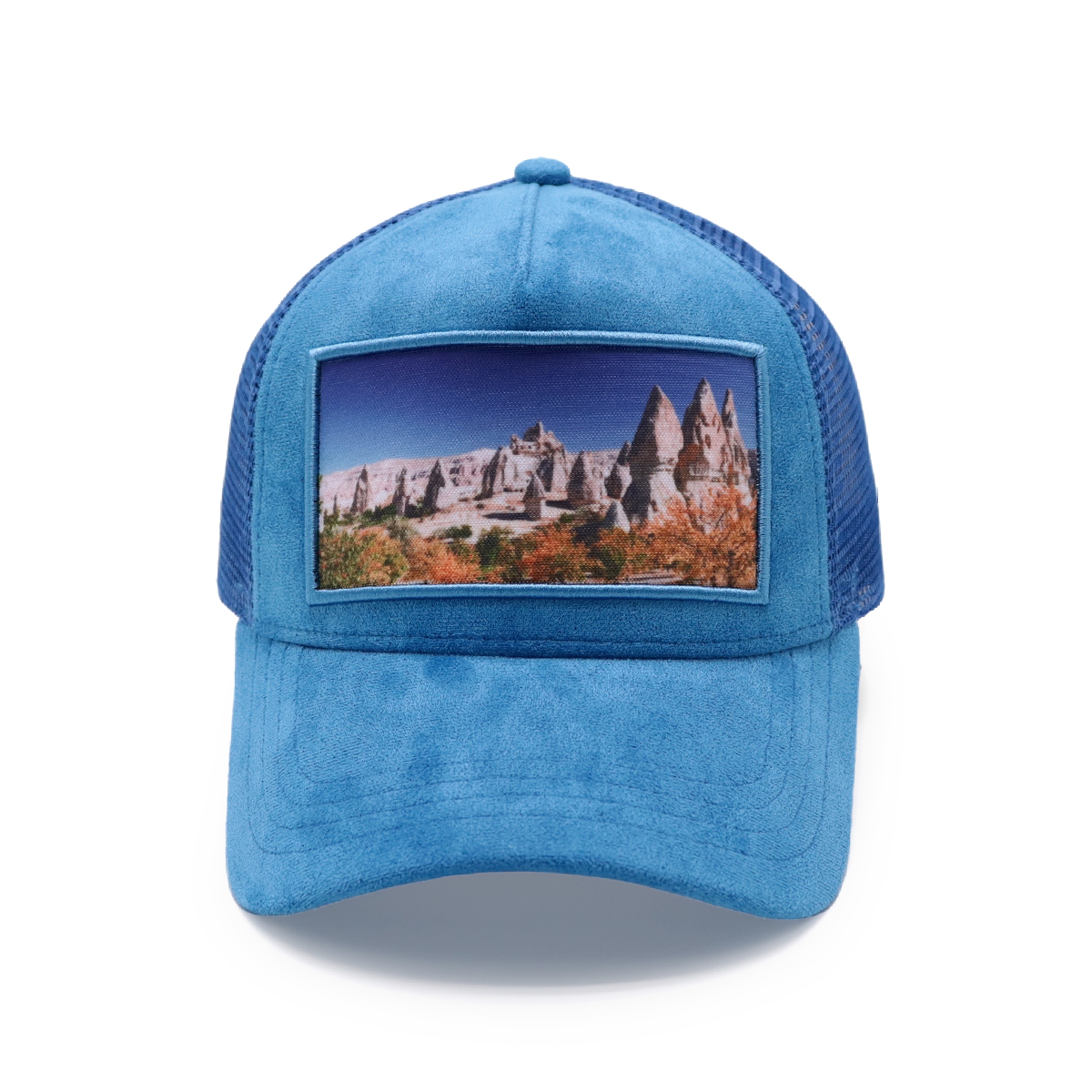 Blue Suede Mesh Trucker Hat – Scenic Patch Baseball Cap, Adjustable Outdoor Cap for Men and Women