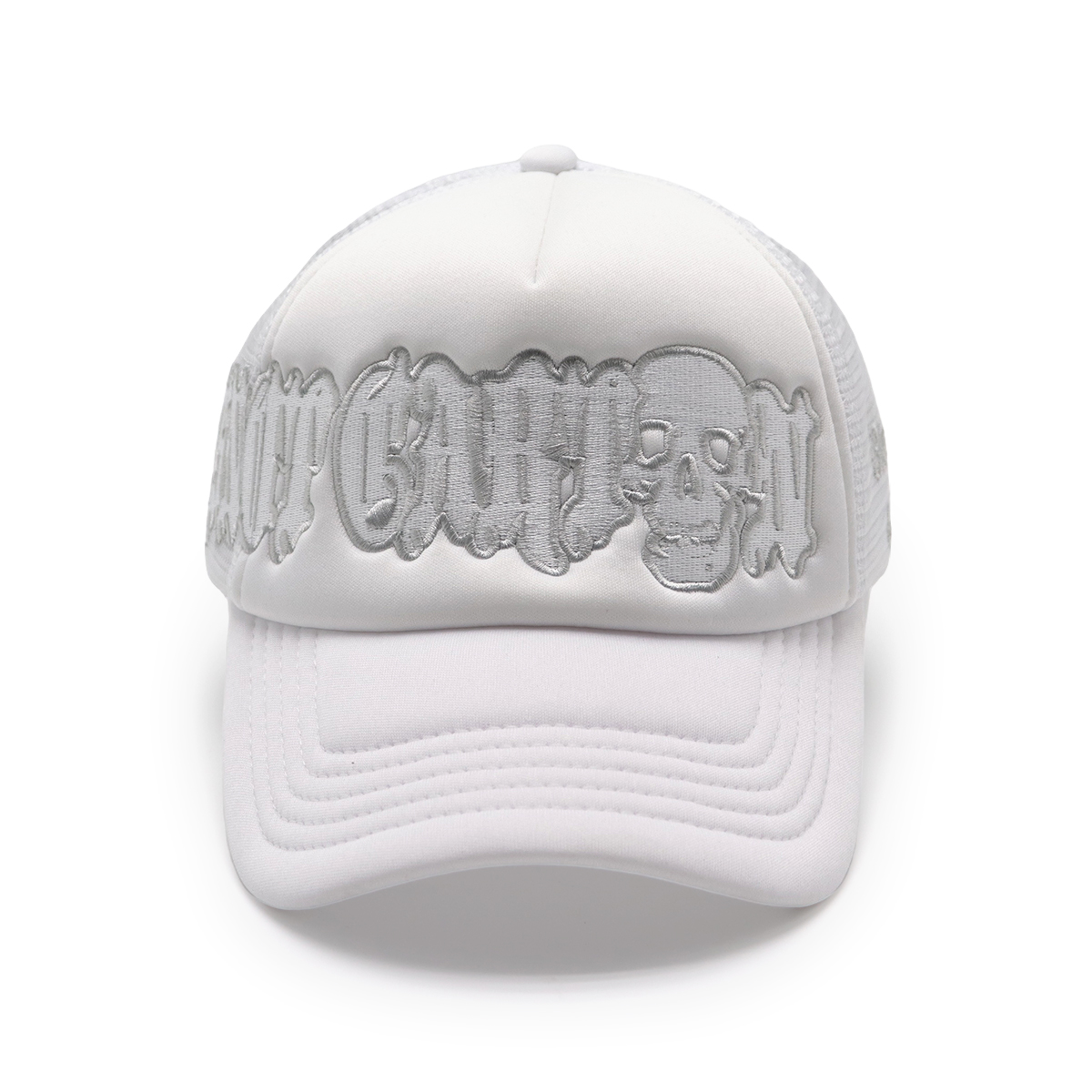 Gothic Skull Embroidered Trucker Cap – Adjustable Mesh Streetwear Hat