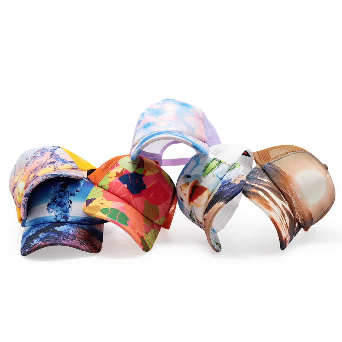 Custom Transfer Printed Logo Baseball Caps – Fashionable Multicolor Mesh Caps