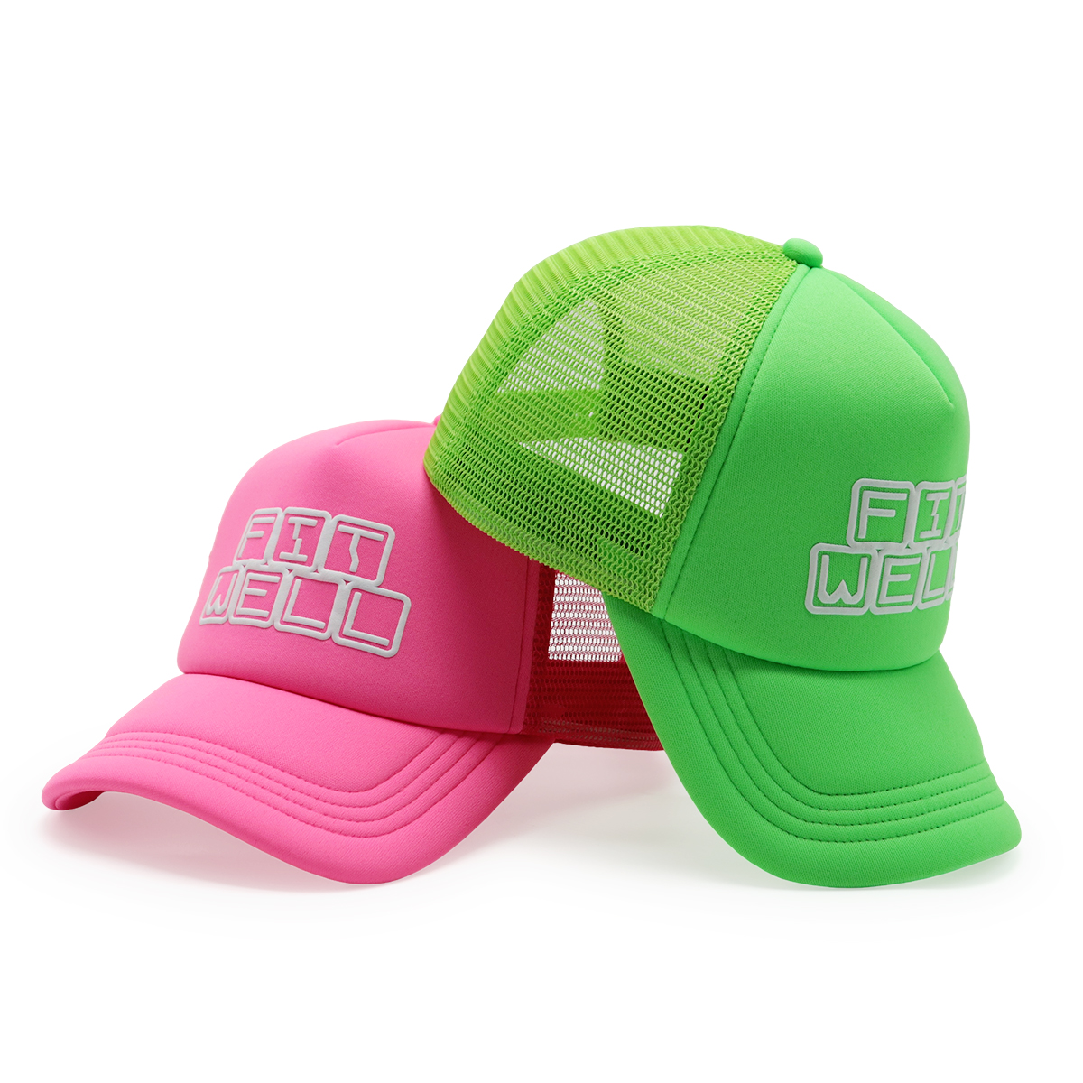 Fitwell Neon Puff Print Trucker Cap, 3D Logo Mesh Hat, Trendy Sports Adjustable Snapback