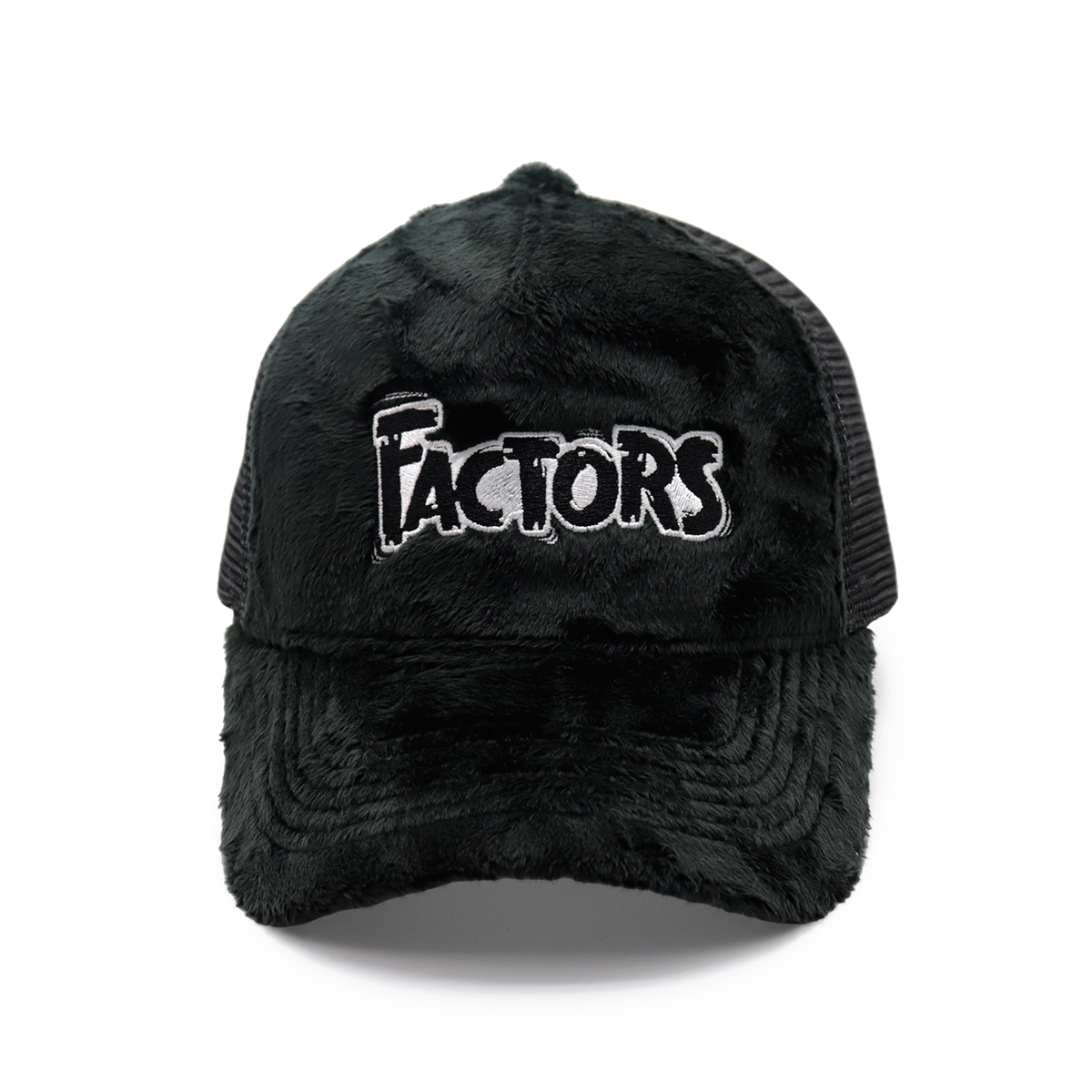 Custom Plush Faux Fur Trucker Hat with “FACTORS” Embroidery, Fluffy Mesh Unisex Streetwear Cap