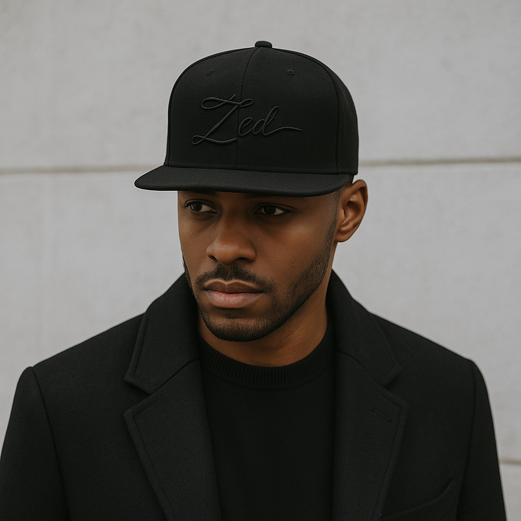 Zed All-Black Script Snapback Hat – Minimalist 3D Embroidered Street Cap