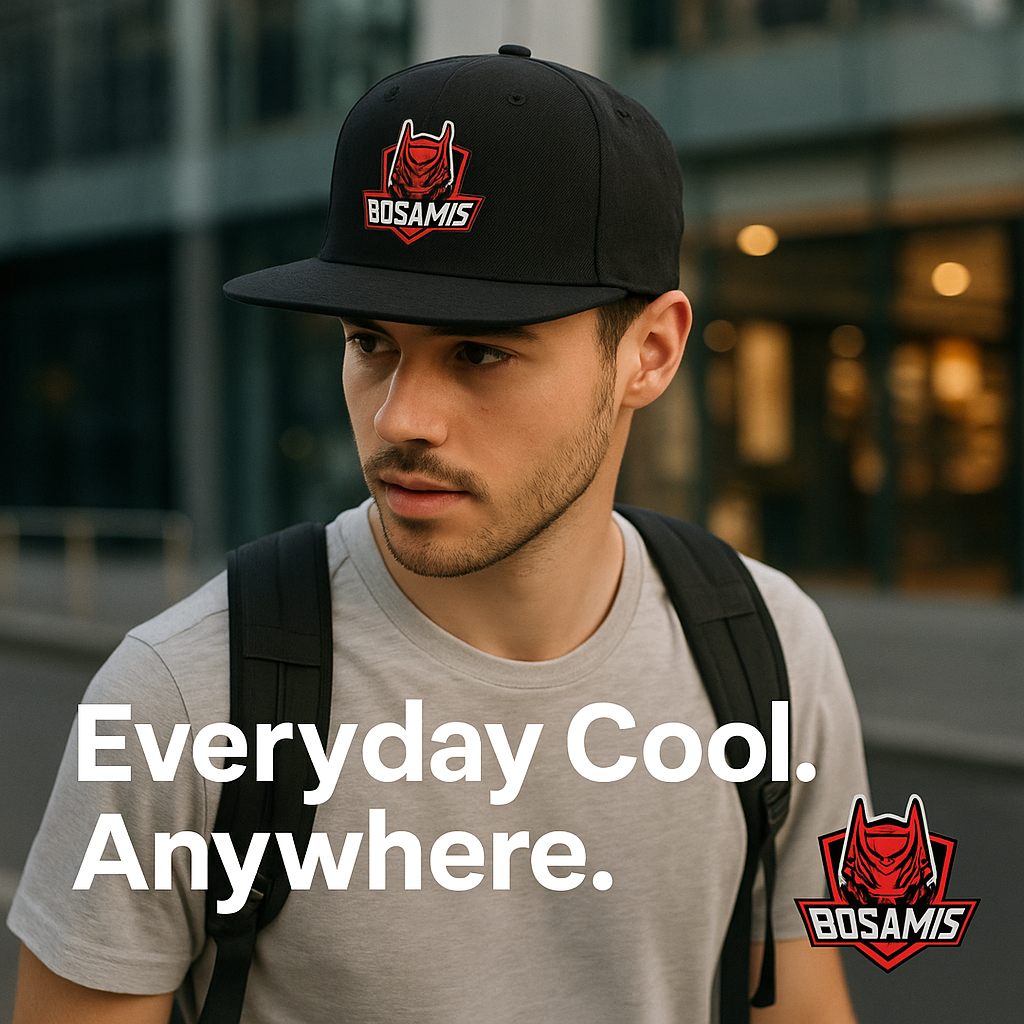 BOSAMIS Black 3D Embroidered Snapback Hat with Red Logo