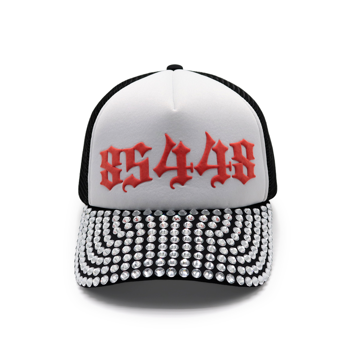 Puff Print Logo Rhinestone Mesh Baseball Cap – 3D Raised Embroidery, Adjustable Snapback, Unisex Streetwear Hat