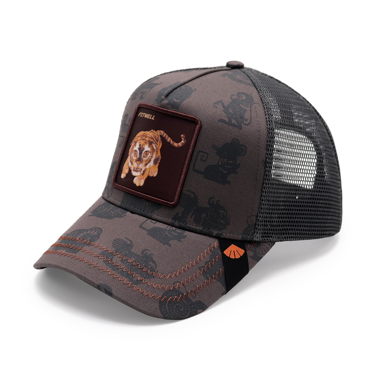 FITWELL Brown Tiger Patch Trucker Hat – Embroidered Animal Mesh Snapback Cap