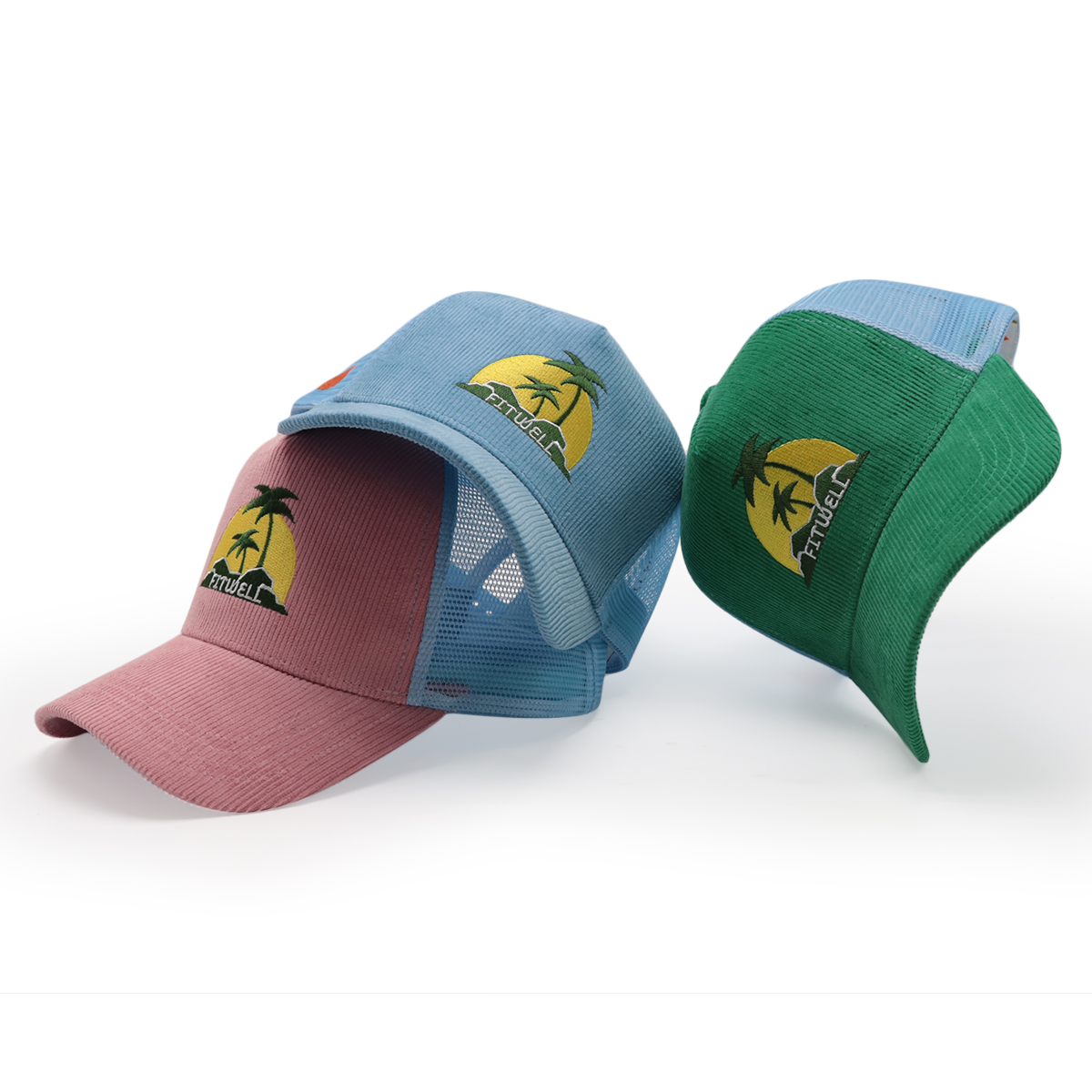 FITWELL Corduroy Mesh Trucker Cap – Embroidered Palm Sunset Logo, Adjustable Retro Hat (Pink, Blue, Green)
