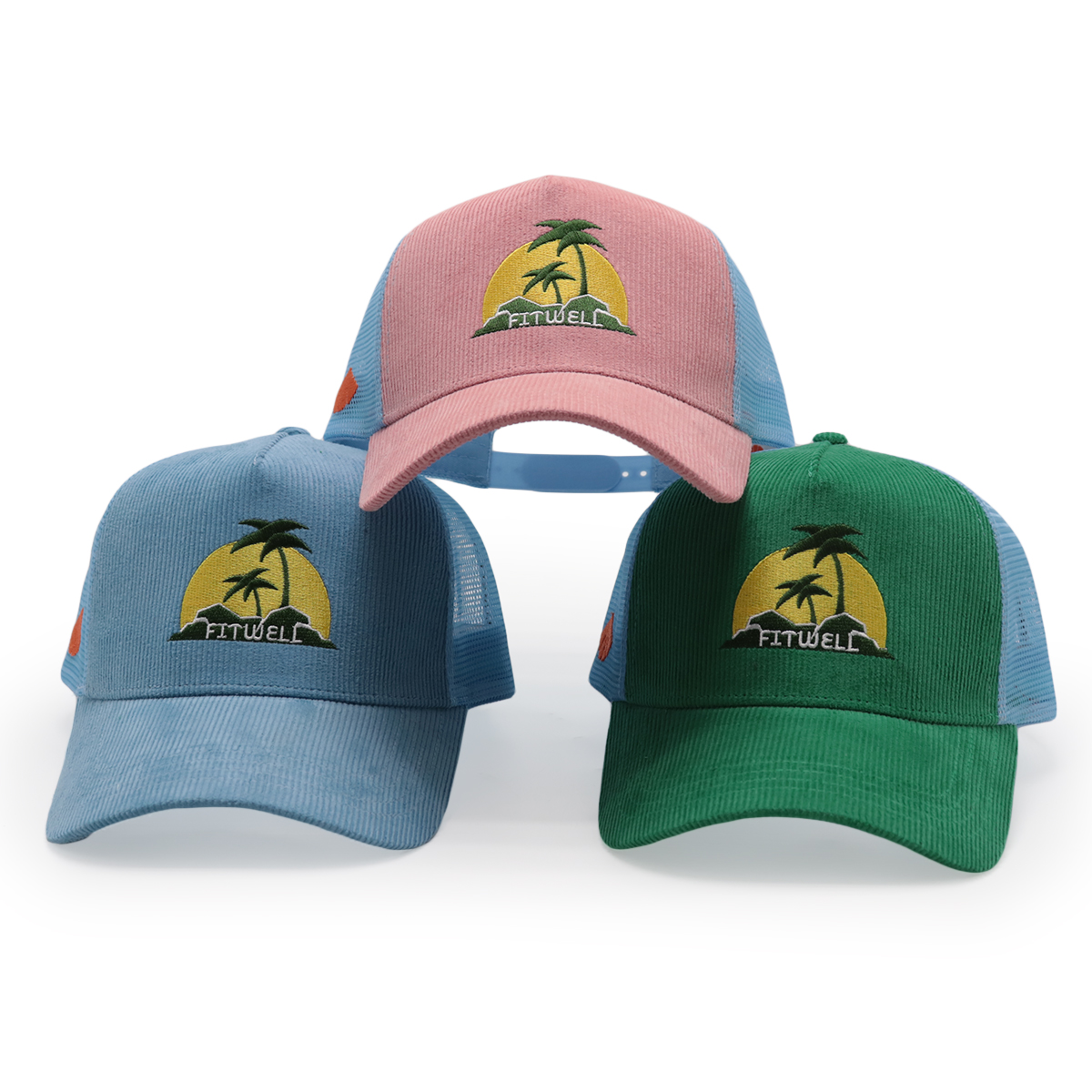 FITWELL Corduroy Mesh Trucker Cap – Embroidered Palm Sunset Logo, Adjustable Retro Hat (Pink, Blue, Green)