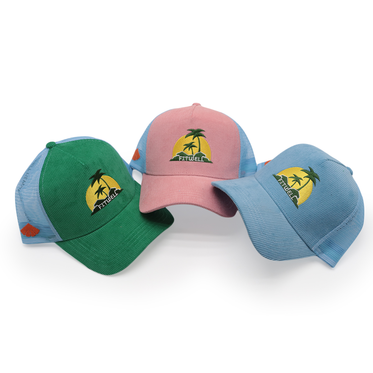 FITWELL Corduroy Mesh Trucker Cap – Embroidered Palm Sunset Logo, Adjustable Retro Hat (Pink, Blue, Green)