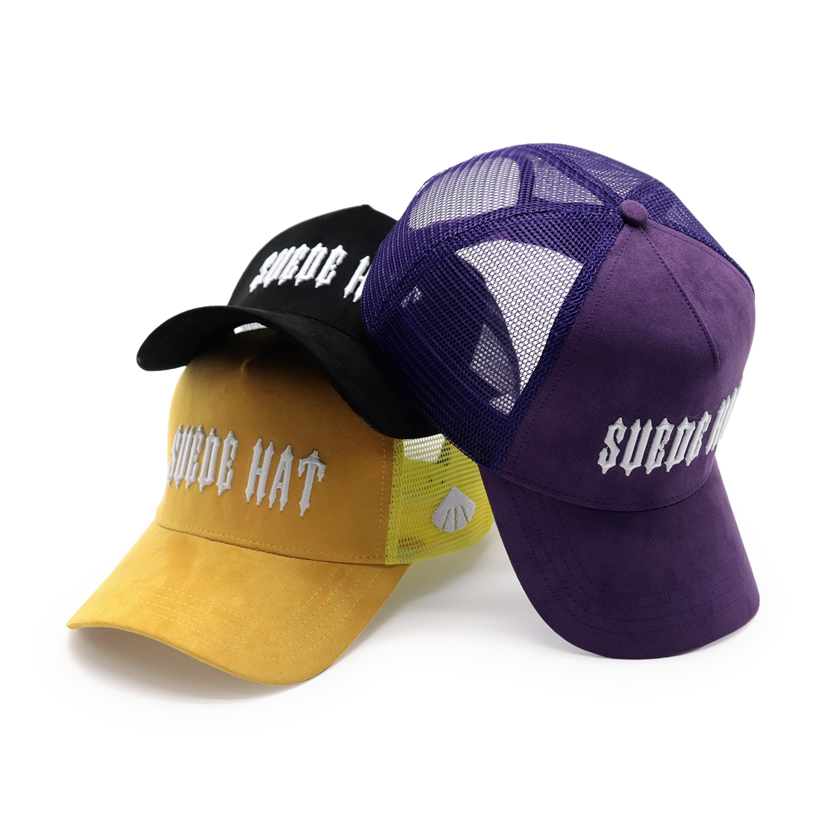 Suede Trucker Hat – Embroidered Snapback Cap, Mesh Baseball Hat in Yellow, Black, Purple, Unisex Adjustable