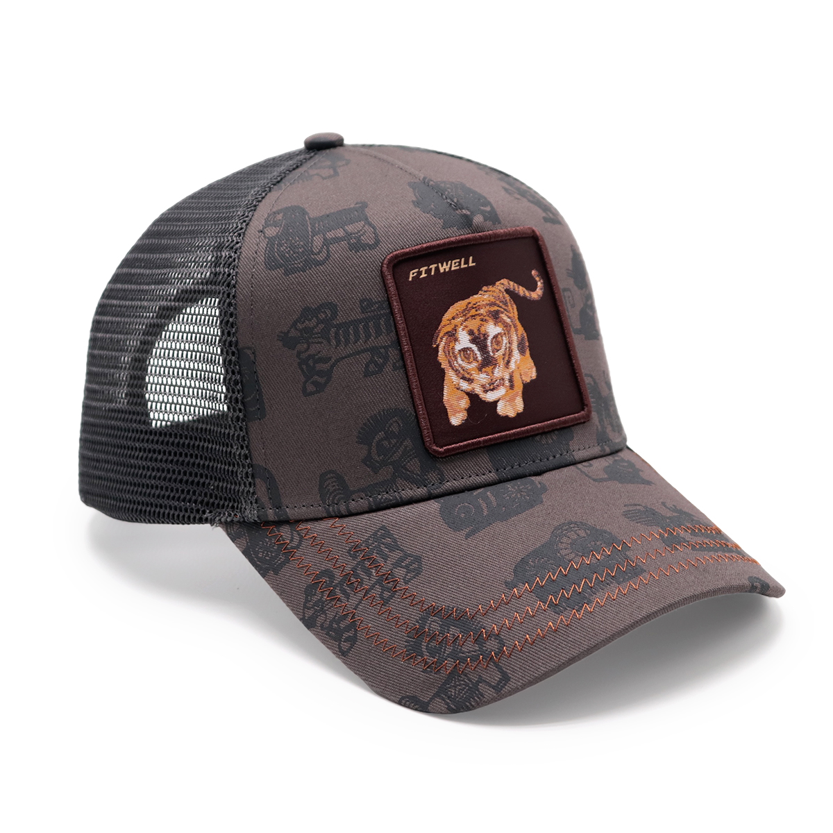 FITWELL Brown Tiger Patch Trucker Hat – Embroidered Animal Mesh Snapback Cap