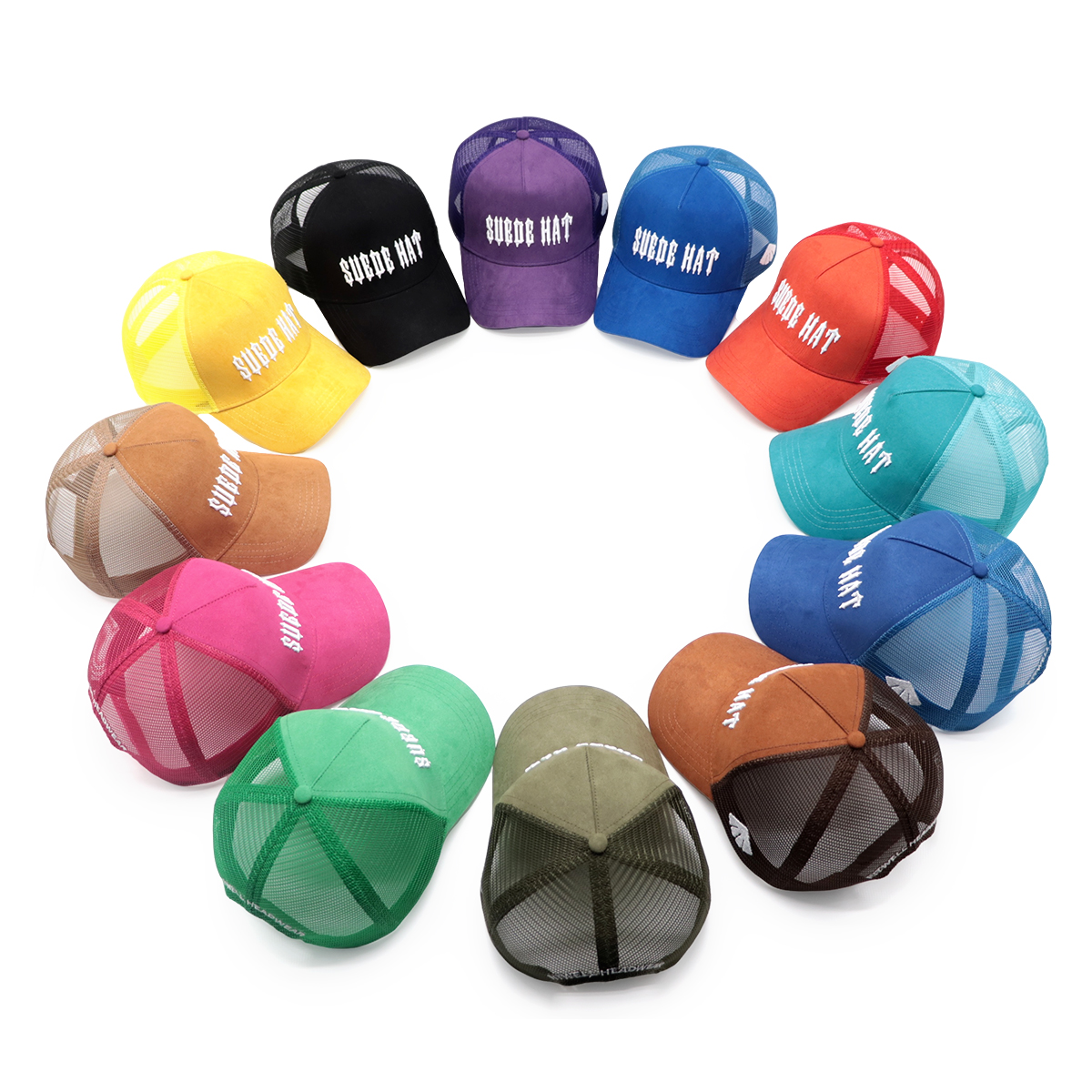 Suede Trucker Hat – Embroidered Snapback Cap, Mesh Baseball Hat in Yellow, Black, Purple, Unisex Adjustable