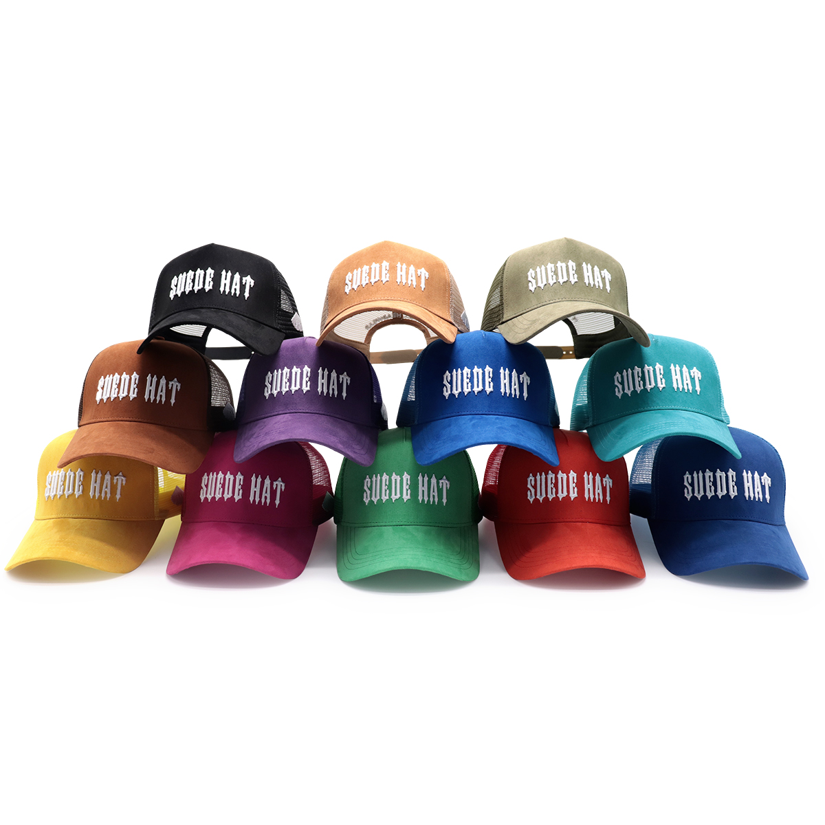 Suede Trucker Hat – Embroidered Snapback Cap, Mesh Baseball Hat in Yellow, Black, Purple, Unisex Adjustable