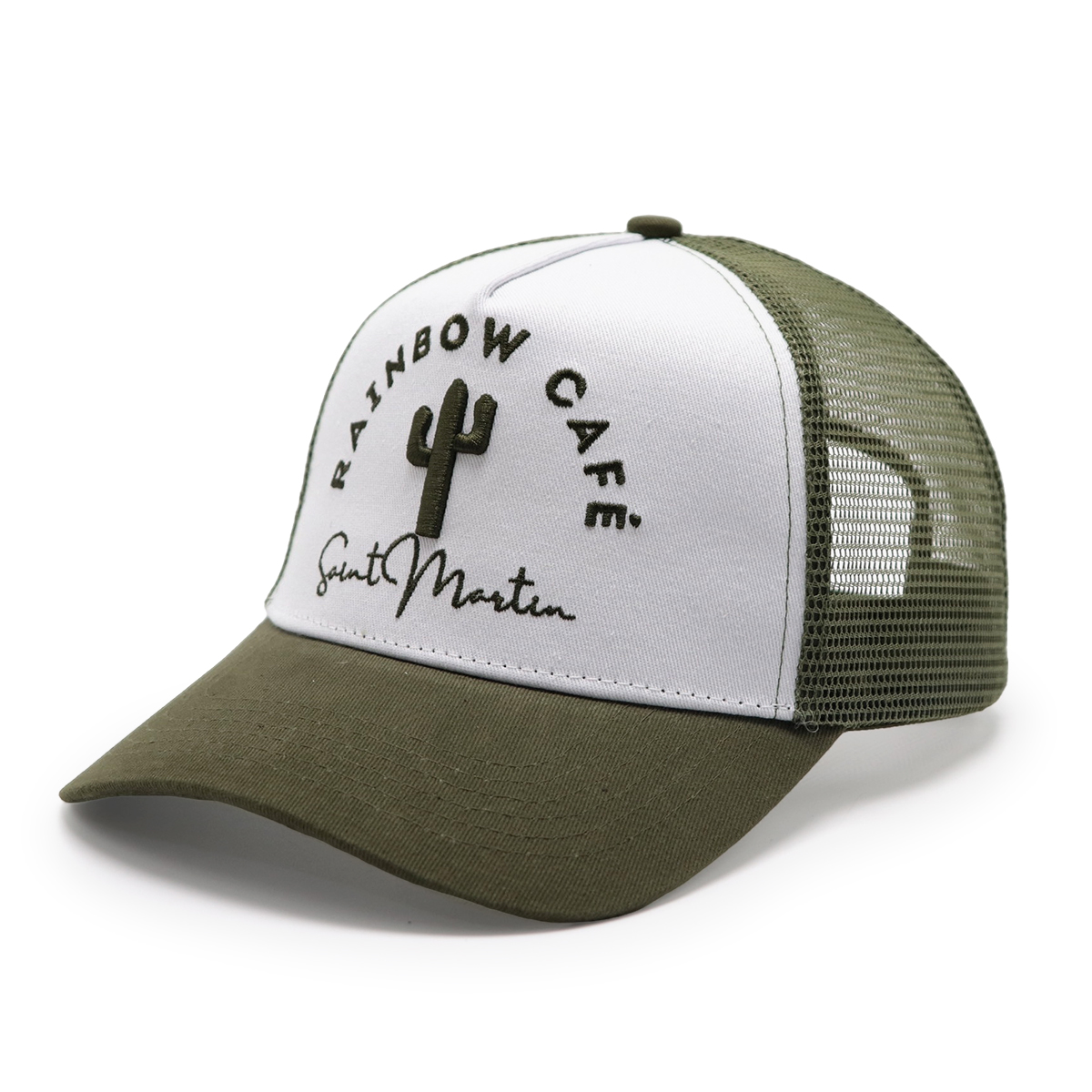 5 Panel Mesh Trucker Cap with 3D Embroidered Rainbow Café Logo – Custom Adjustable Snapback Hat