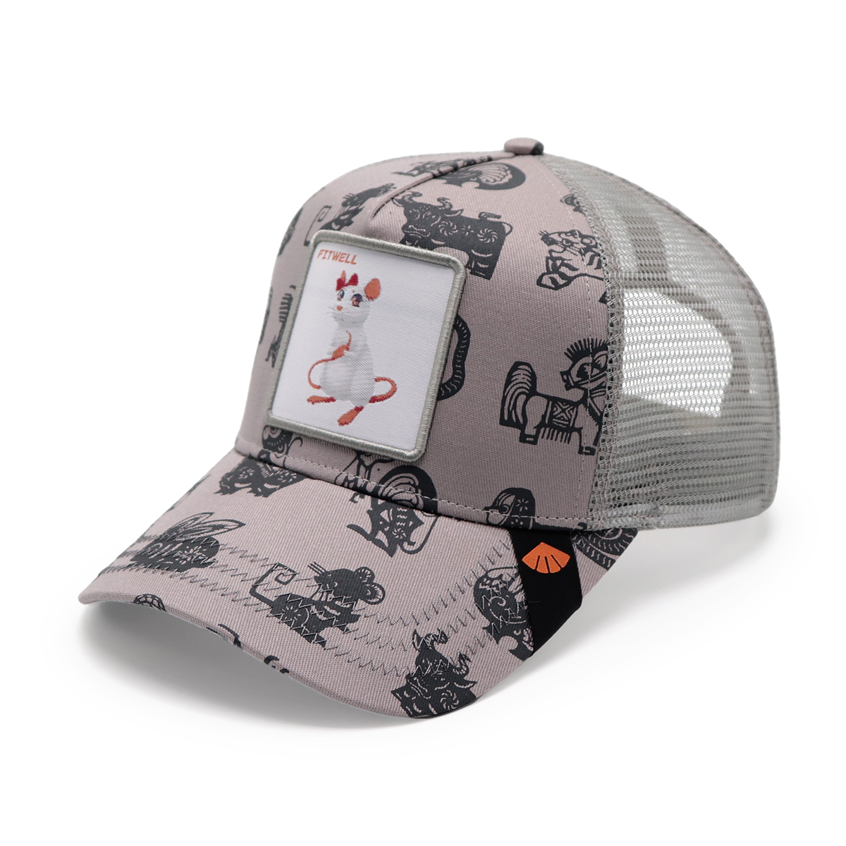 Gray Cartoon Print Cotton Twill Trucker Cap with Mouse Transfer Patch and Woven Label