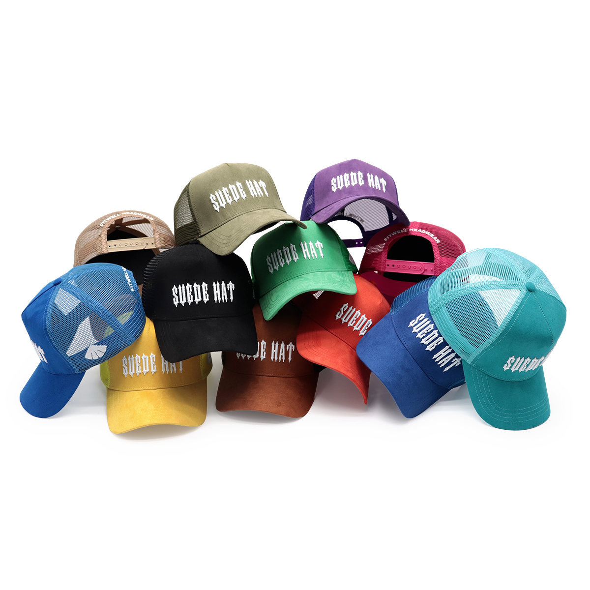 Suede Trucker Hat – Embroidered Snapback Cap, Mesh Baseball Hat in Yellow, Black, Purple, Unisex Adjustable