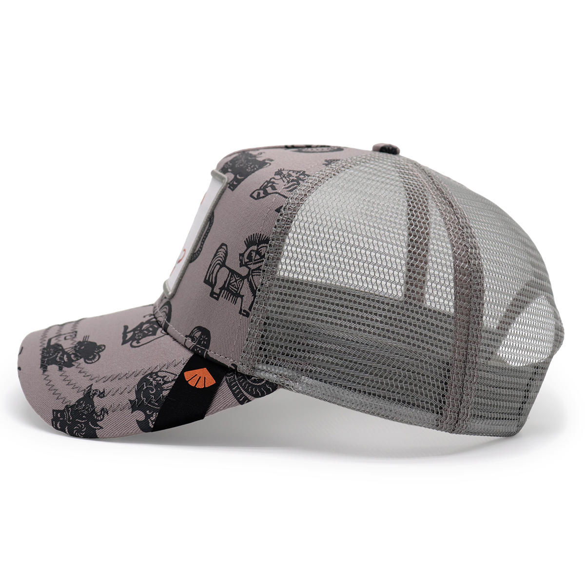 Gray Cartoon Print Cotton Twill Trucker Cap with Mouse Transfer Patch and Woven Label