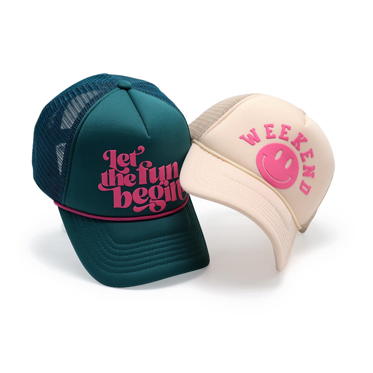Green Trucker Hat with Puff Print “Let the fun begin” Logo – Retro Mesh Snapback Cap