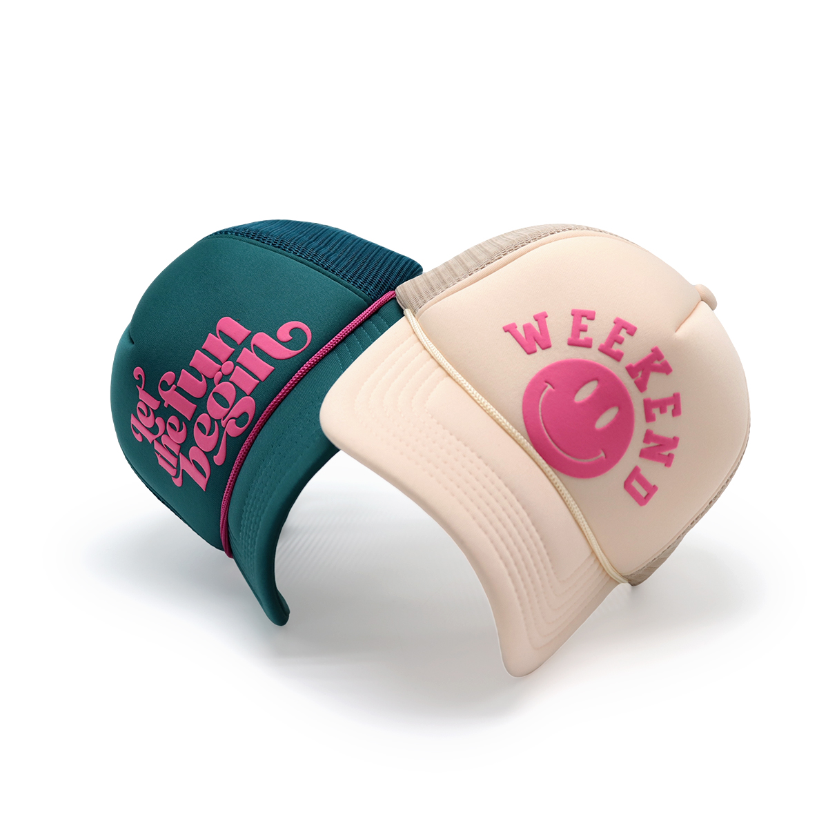 Green Trucker Hat with Puff Print “Let the fun begin” Logo – Retro Mesh Snapback Cap