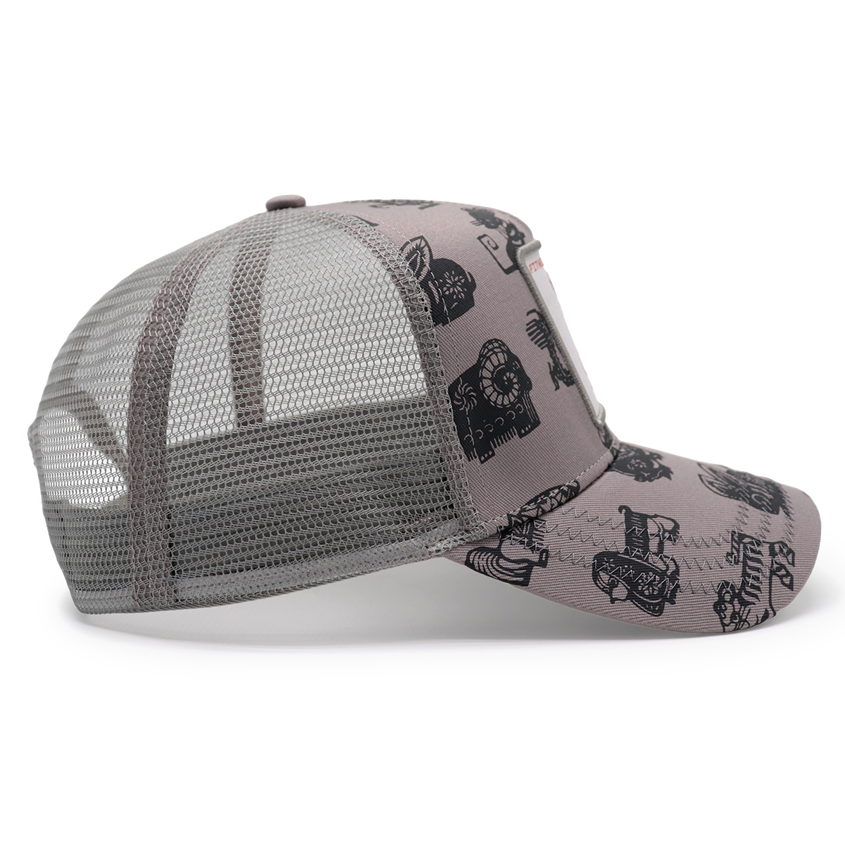 Gray Cartoon Print Cotton Twill Trucker Cap with Mouse Transfer Patch and Woven Label