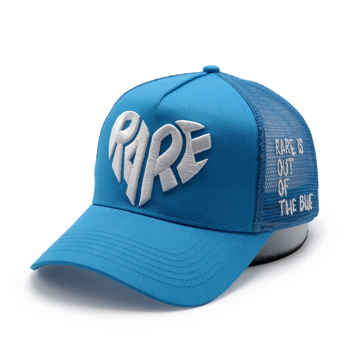 5 Panel Blue Trucker Cap with 3D Embroidered RARE Logo and Curved Brim – Adjustable Mesh Snapback Hat
