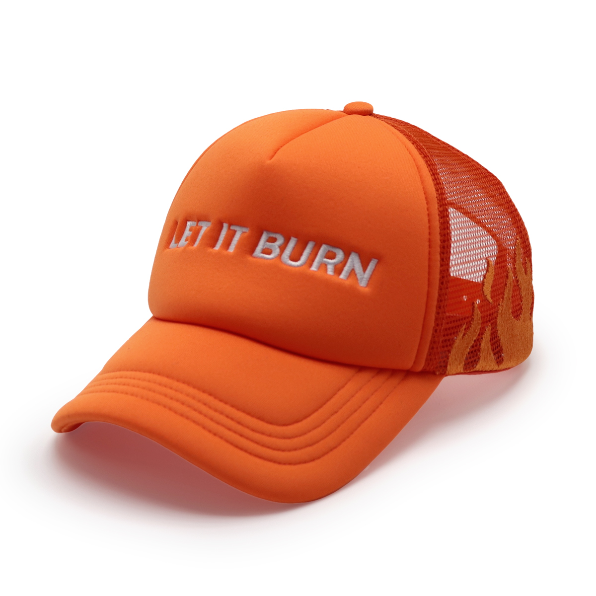 LET IT BURN Embroidered Trucker Hat – Black Flame Mesh Cap & Red Snapback Cap, Statement Baseball Hat, Unisex Adjustable