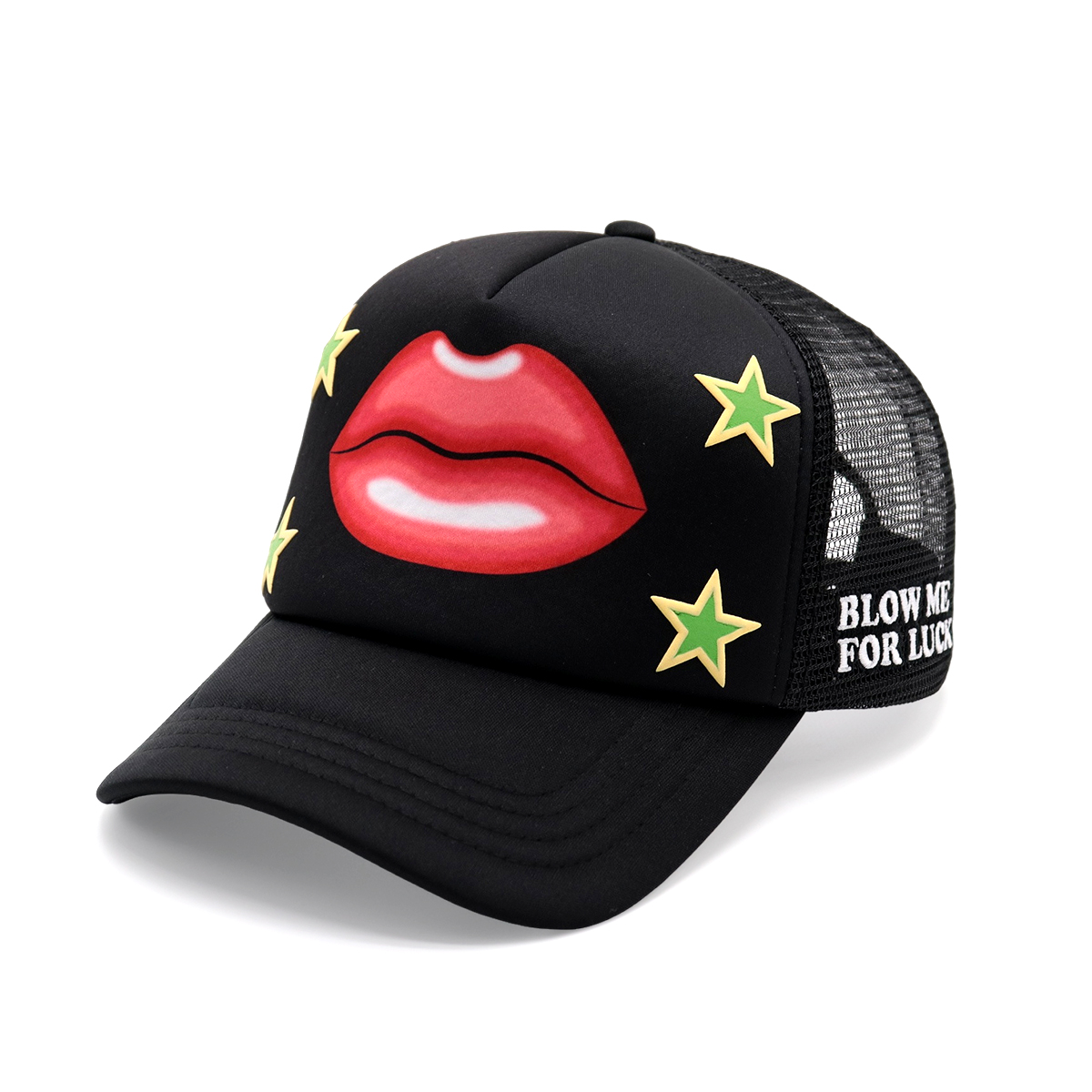 Fashion Black Trucker Cap with Red Lips and Green Star Pattern