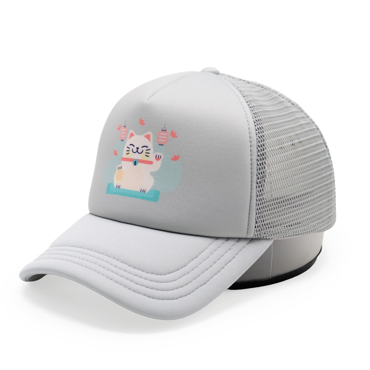 Cute Lucky Cat Print Mesh Trucker Cap – Colorful Cartoon Snapback Hat