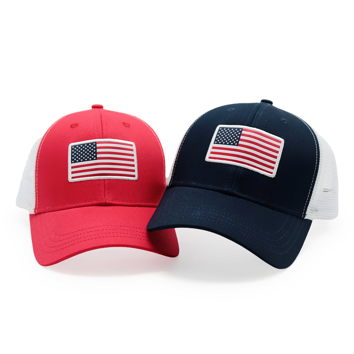 USA Flag Mesh Trucker Cap – Adjustable Classic Closure, American Flag Embroidered Hat (Red & Navy)