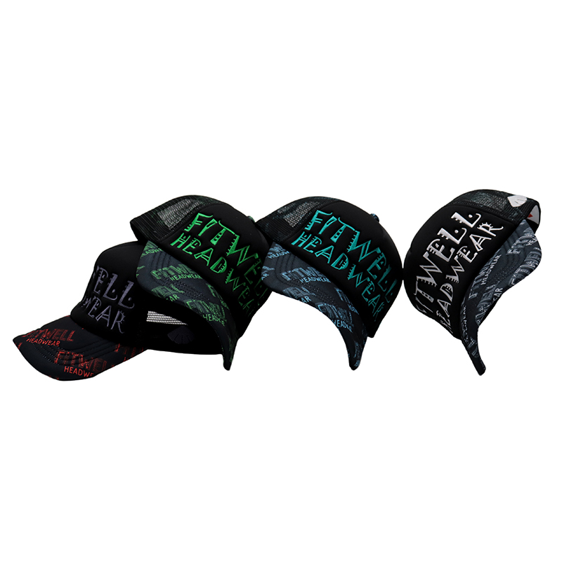 FITWELL All-Over Print & Embroidered Logo Trucker Hat – Bold Mesh Baseball Cap