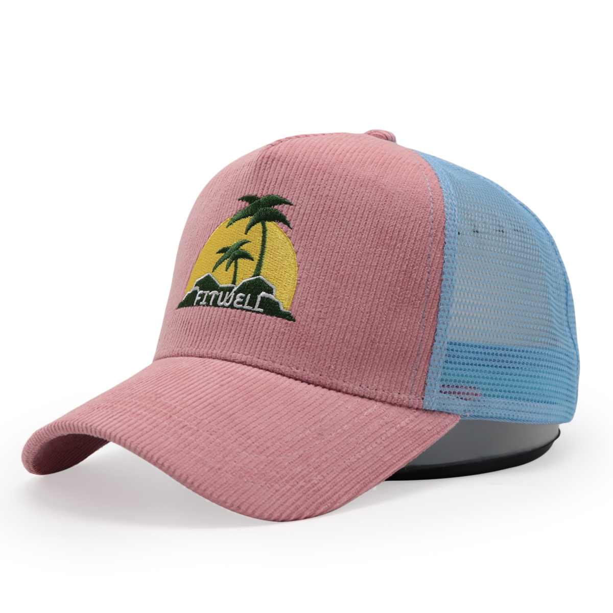 FITWELL Corduroy Mesh Trucker Cap – Embroidered Palm Sunset Logo, Adjustable Retro Hat (Pink, Blue, Green)