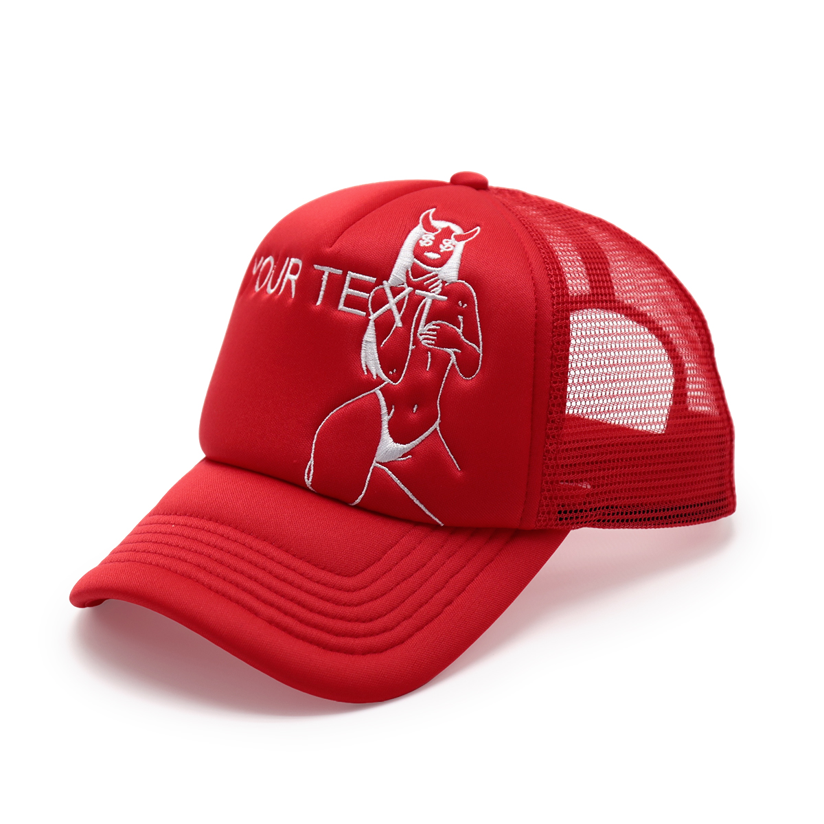 Custom Text Mesh Trucker Hat – Red or Pink/White Embroidered Personalized Baseball Cap
