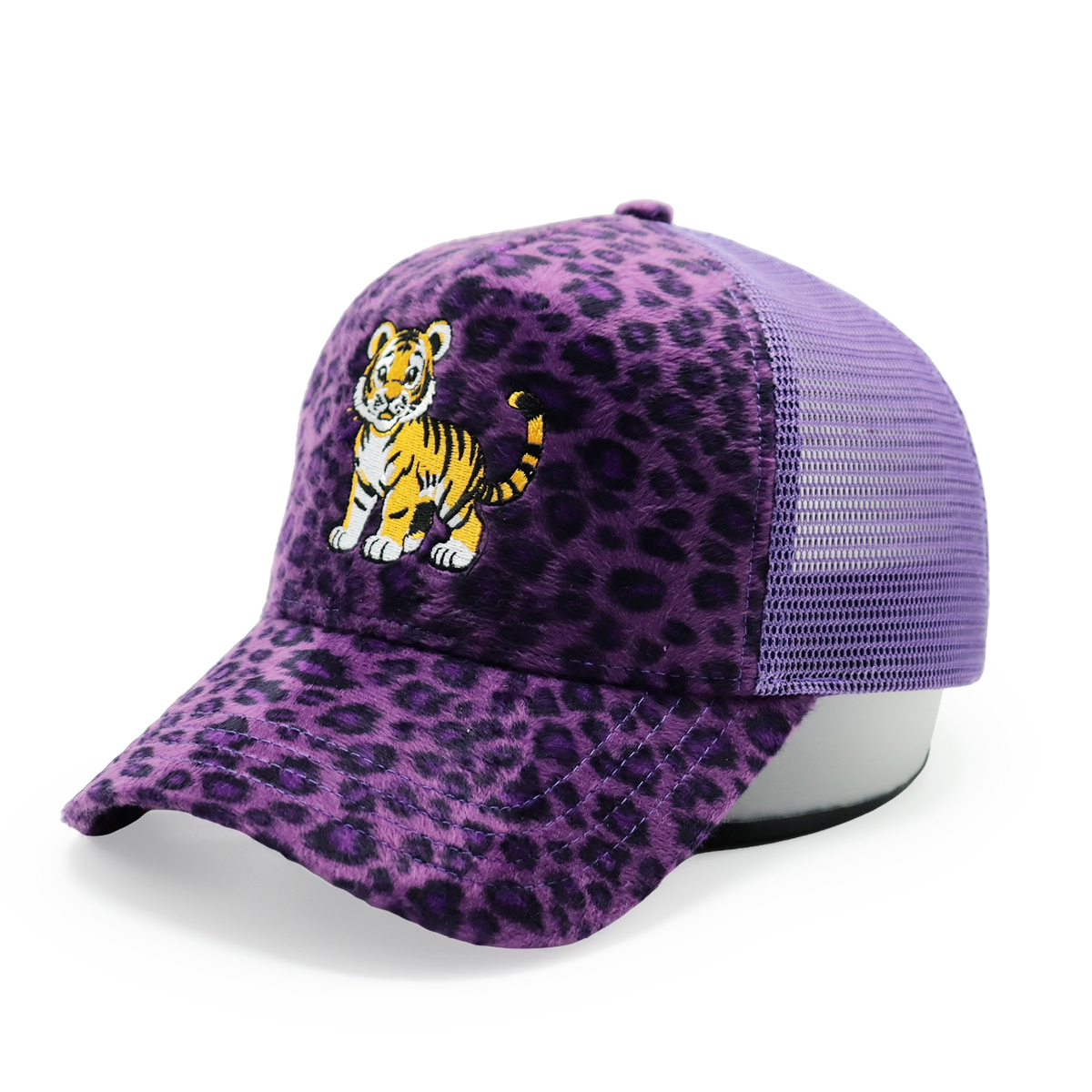 Velvet Animal Pattern Mesh Trucker Hat with Embroidered Tiger Logo