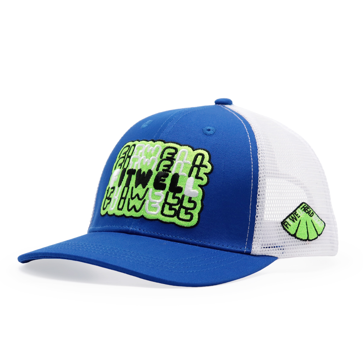 FITWELL Graphic Mesh Trucker Cap – Colorful Adjustable Baseball Hat with Neon 3D Logo (Blue, Green, Black, Gray)