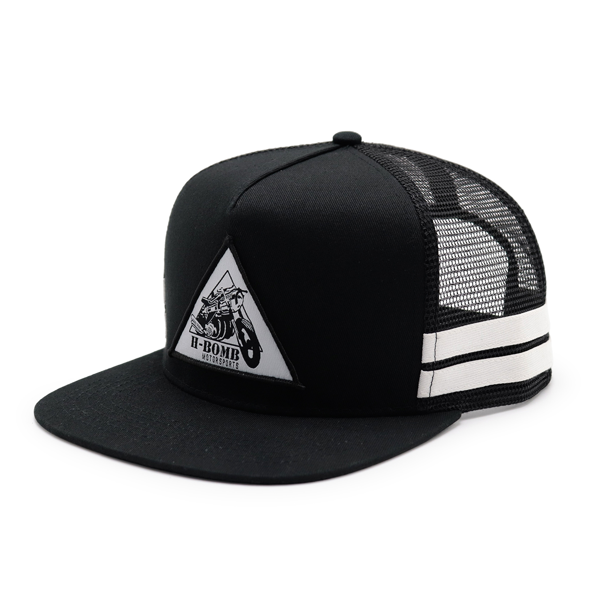 Black Flat Bill Mesh Trucker Hat – H-BOMB MOTORSPORTS Motocross Patch Cap, Snapback Unisex Baseball Cap