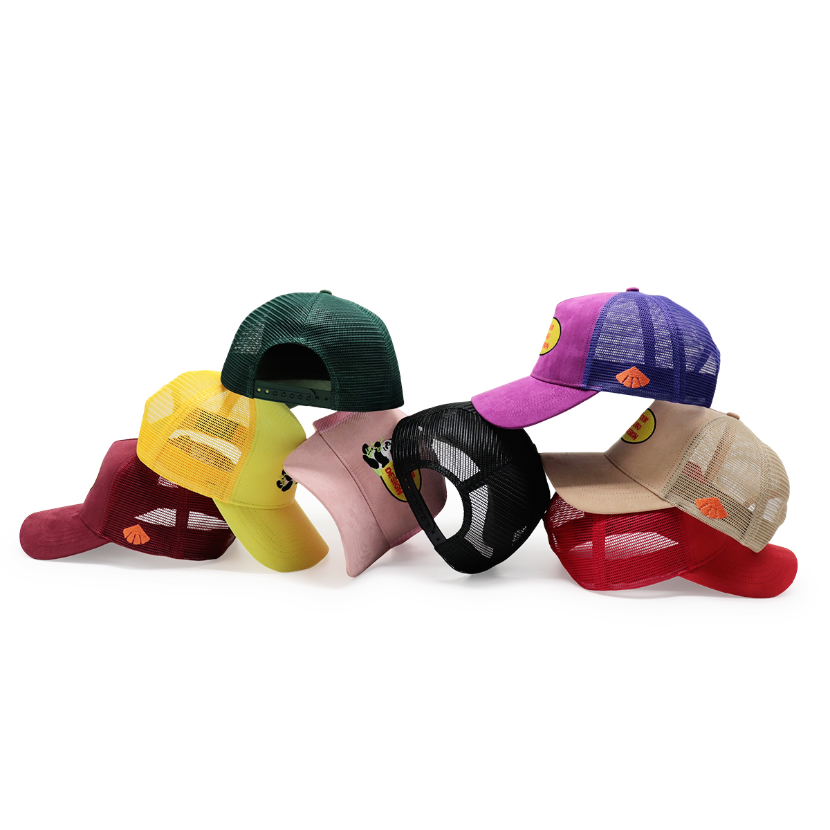 Custom Logo Trucker Caps – Multi-Color Mesh Back Snapback Hat with Panda Patch
