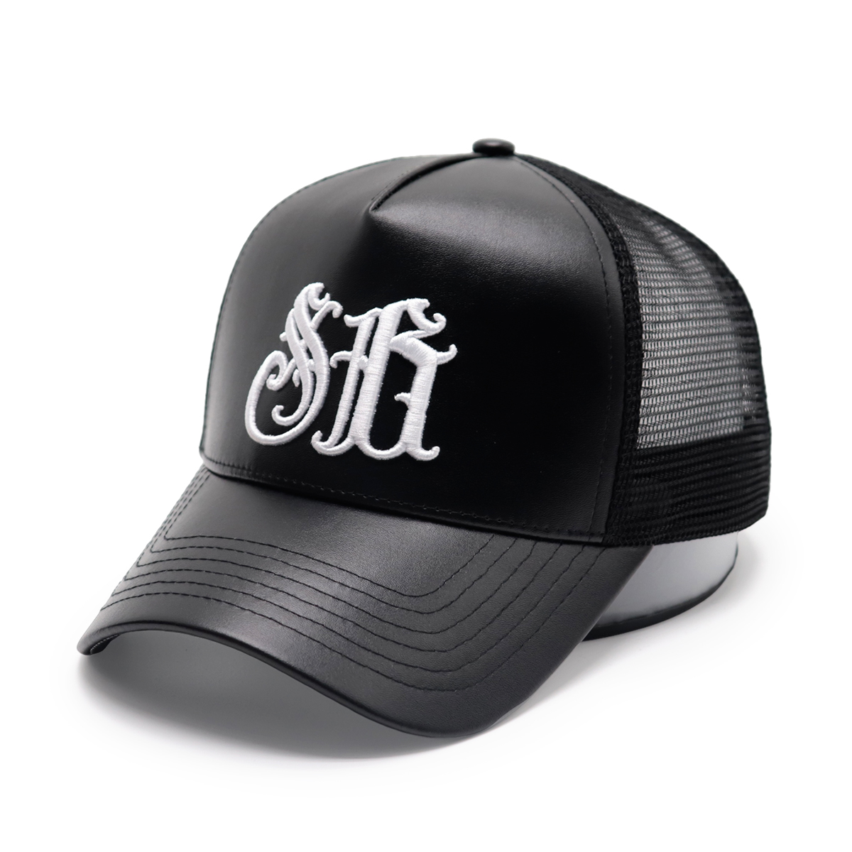 Black PU Leather Mesh Trucker Cap with Retro Embroidered Letters, Adjustable Snapback, Unisex