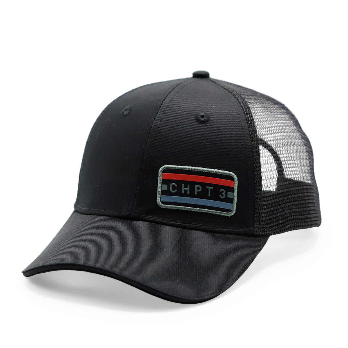 CHPT3 Black Trucker Cap, Mesh Back Snapback Hat, Embroidered Patch, Adjustable Unisex Baseball Hat