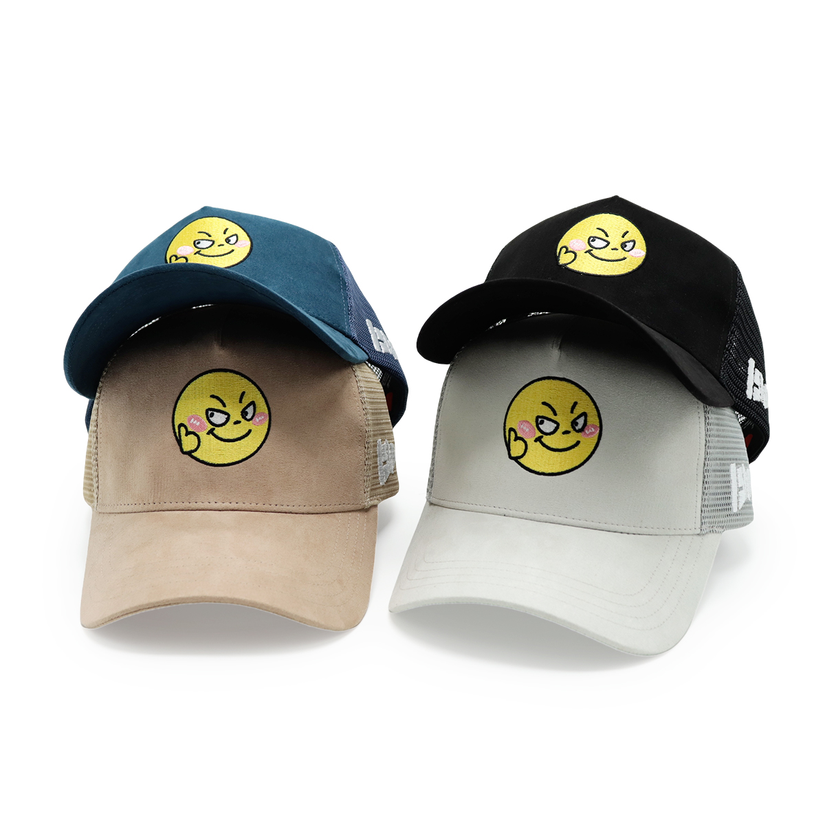 Custom Suede Embroidered Trucker Hats – Mesh Snapback Cap with Smiley Face