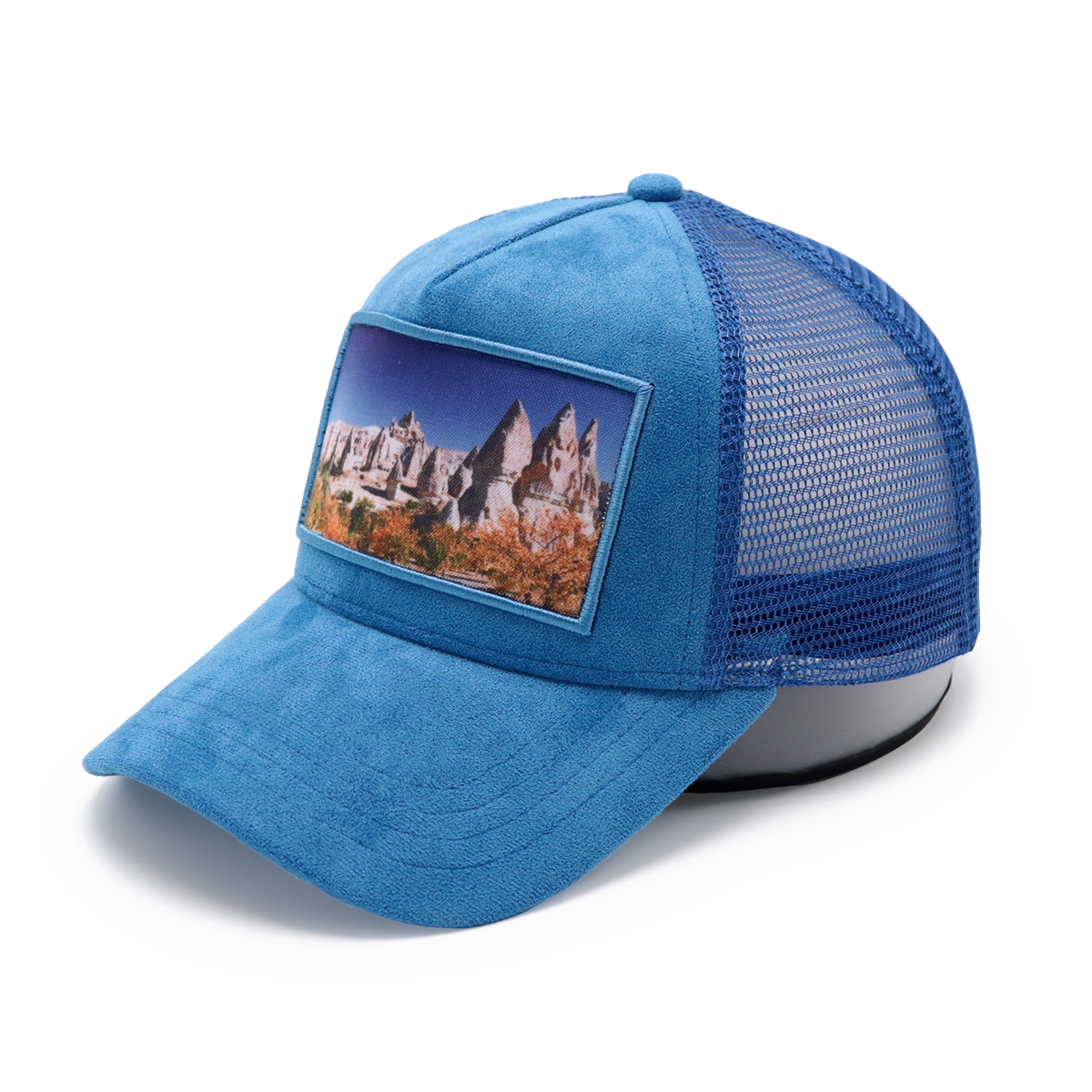 Blue Suede Mesh Trucker Hat – Scenic Patch Baseball Cap, Adjustable Outdoor Cap for Men and Women