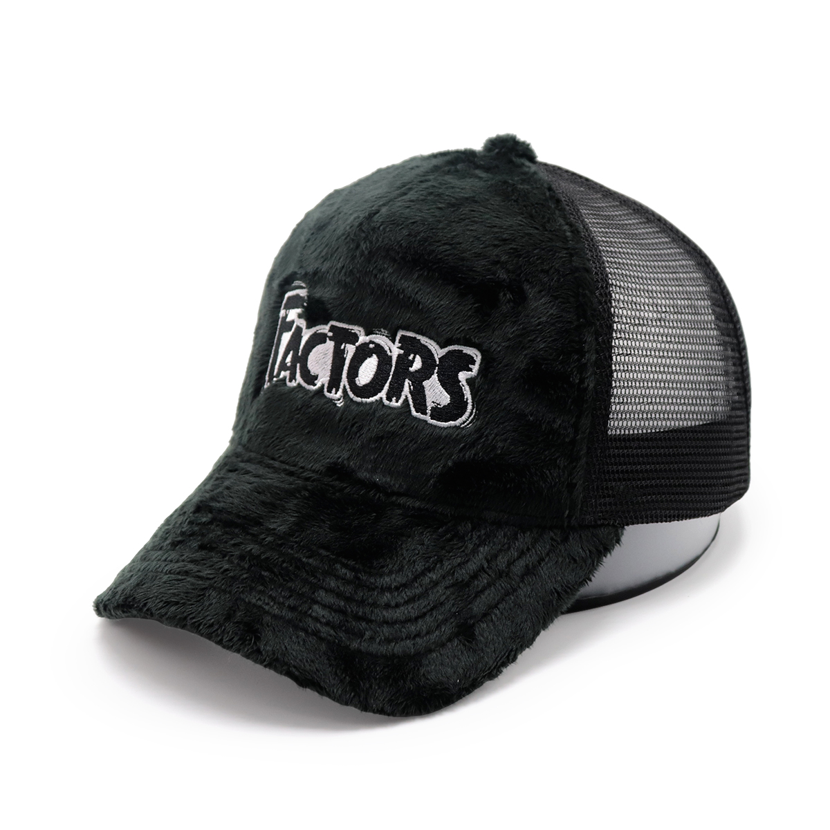 Custom Plush Faux Fur Trucker Hat with “FACTORS” Embroidery, Fluffy Mesh Unisex Streetwear Cap