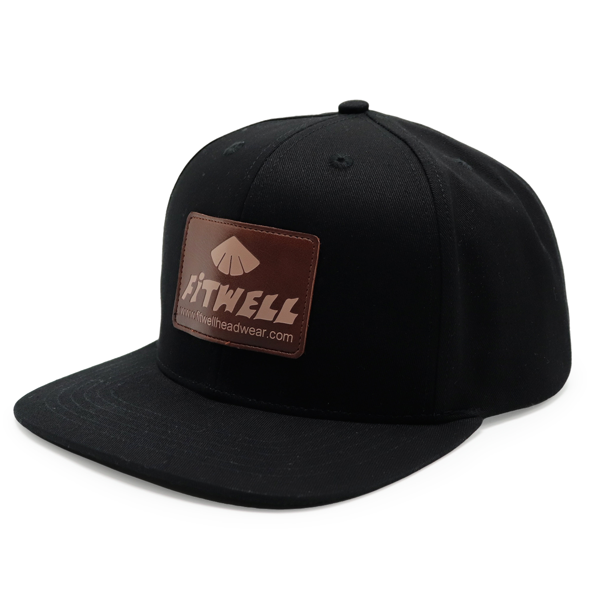 Black Flat Brim Snapback Hat with Leather Fitwell Logo Patch