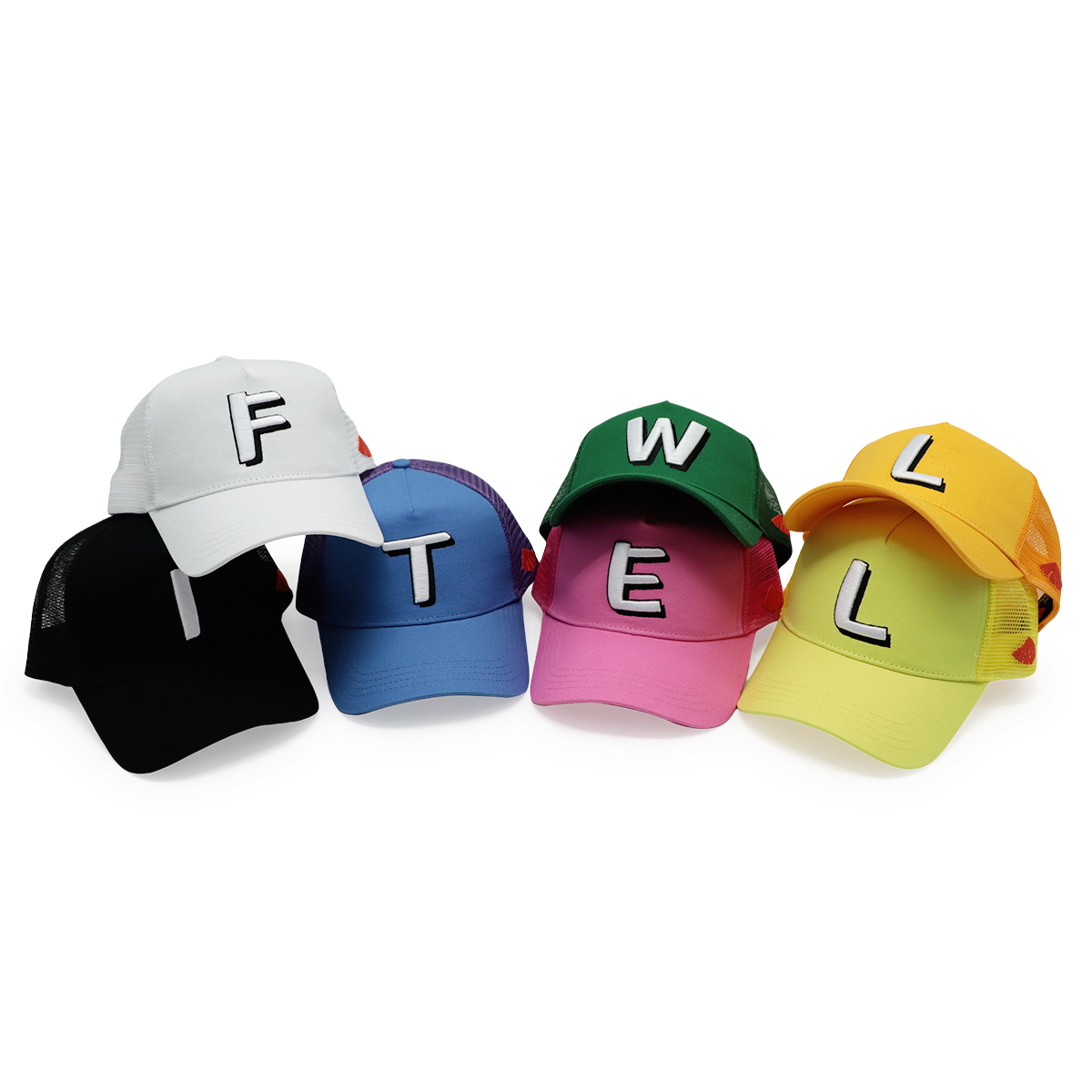 Colorful FITWELL Mesh Trucker Cap Set – 3D Letter Patch Baseball Hats (7 Styles)